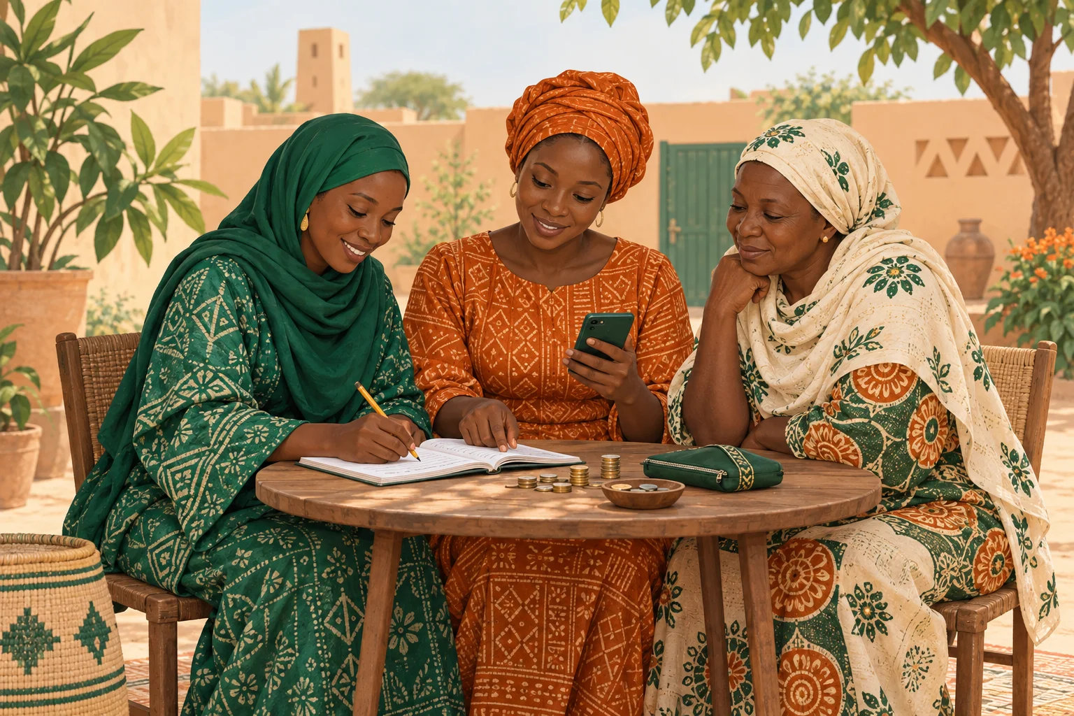 Trois femmes en robes longues et foulards étudient ensemble un carnet de budget dans une cour au Sahel.